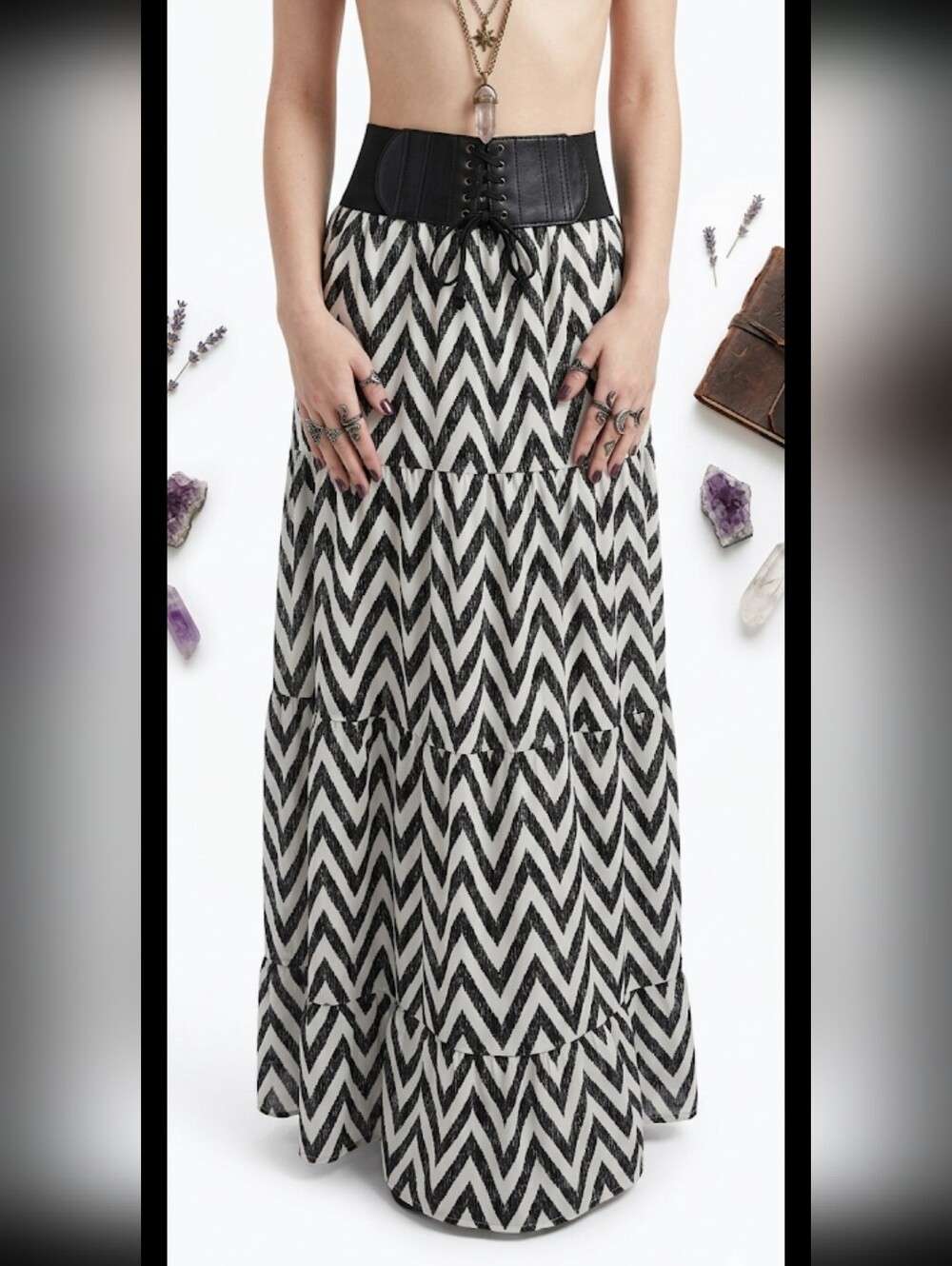 Robert Louis Corset Waist Tiered Maxi Skirt M Whimsigoth Gothic #7900